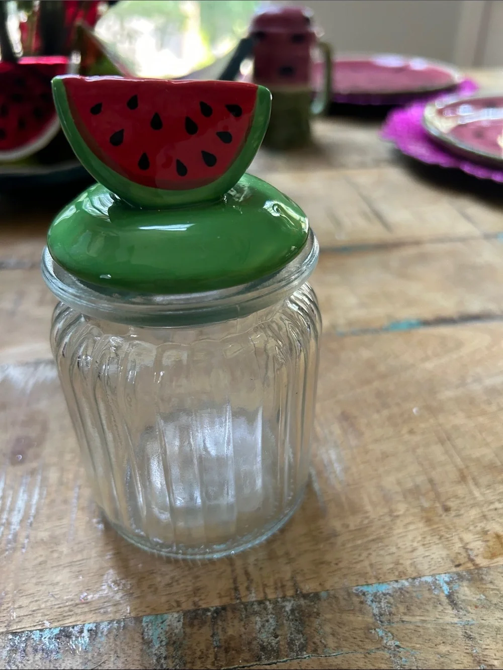 Watermelon-Top Green Lid Glass Spice Jar - Decorative Kitchen NWOT Canister